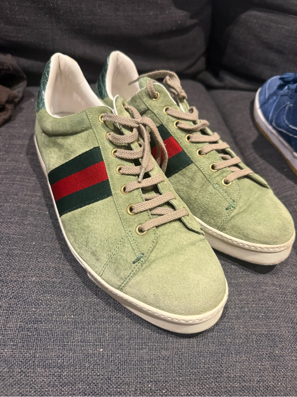 Gucci Green Suede Ace Sneakers with Red & Dark Green Stripe
